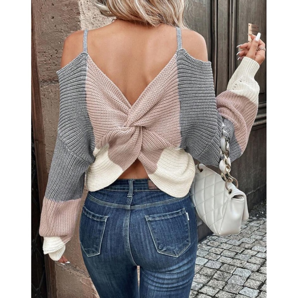 Off Shoulder Colorblock Twist Back Sweater
